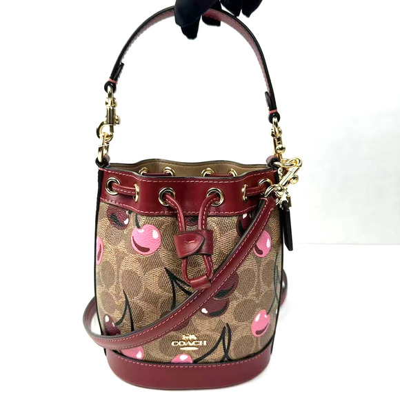 Coach Mini Bucket Bag Signature Canvas Crossbody Cherry Print Gold/Tan CY738 NWT - Picture 1 of 13
